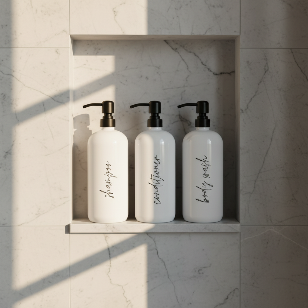Three white bottles labeled 'shampoo', 'conditioner', and 'body wash' on a marble shelf.