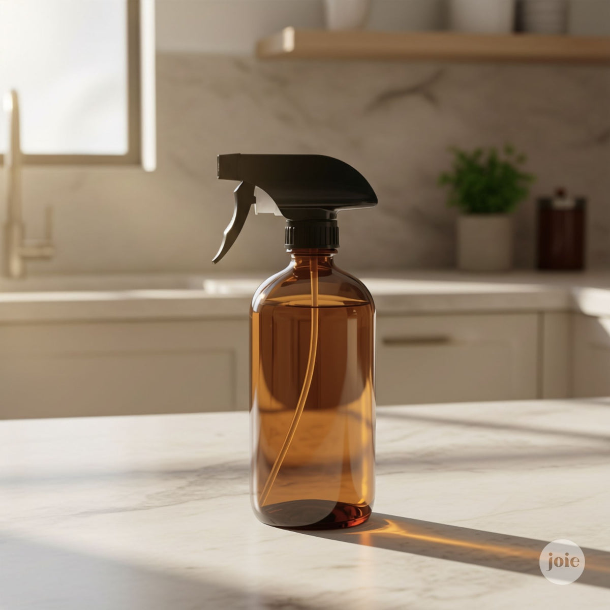An amber glass spray bottle with a black trigger sprayer, standing on a light marble kitchen countertop with a blurred kitchen background.
