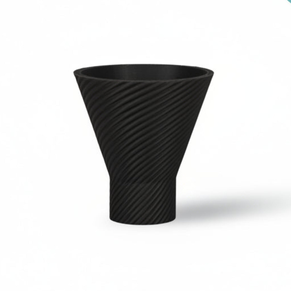 A black textured plastic funnel with a spiral pattern, shown on a white background with a circular Joie brand logo in the top right corner.