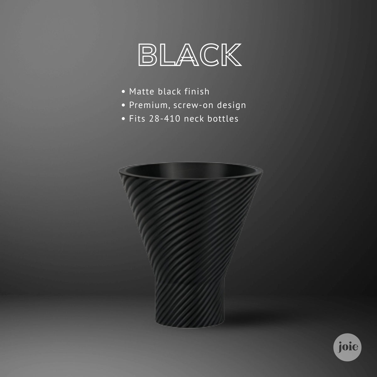 A matte black spiral-cone cosmetic funnel shown on a dark gray gradient background with white text describing its finish and compatibility. A small 'joie' mark appears in the bottom right corner.