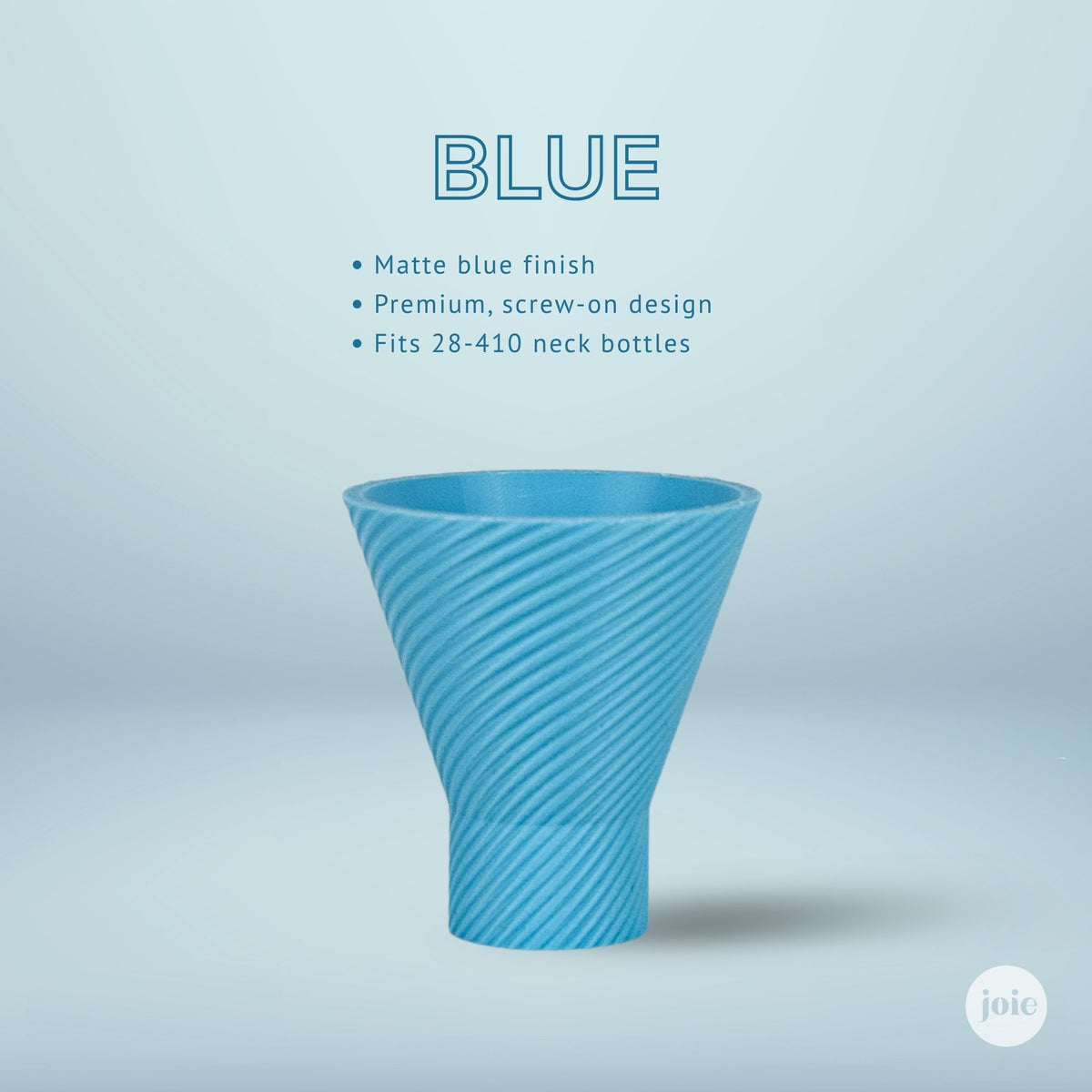 A light blue conical bottle funnel with a spiral textured pattern, shown on a light blue background with text describing its matte blue finish and screw-on design.