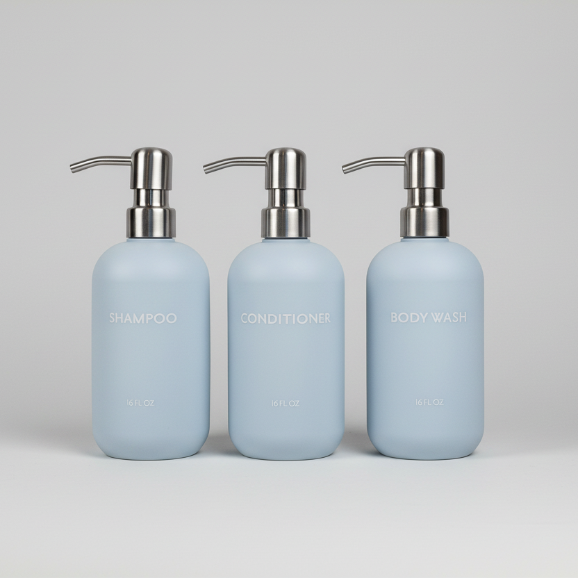Three blue soap dispensers labeled 'Shampoo', 'Conditioner', and 'Body Wash' on a white background.