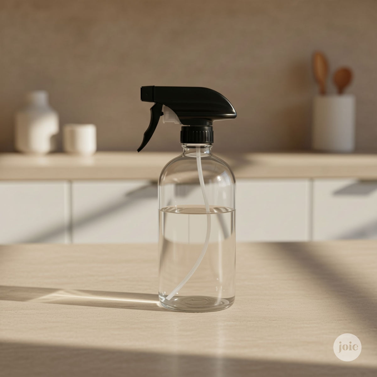A clear glass spray bottle with a black trigger sprayer, partially filled with water, set on a light wood countertop in a softly blurred kitchen setting.