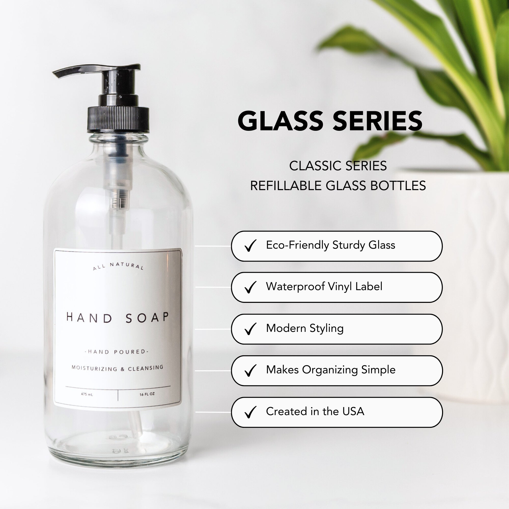 Kitchen Classic Glass Soap Dispenser Bottles - Hand Soap, Dish Soap, Lotion