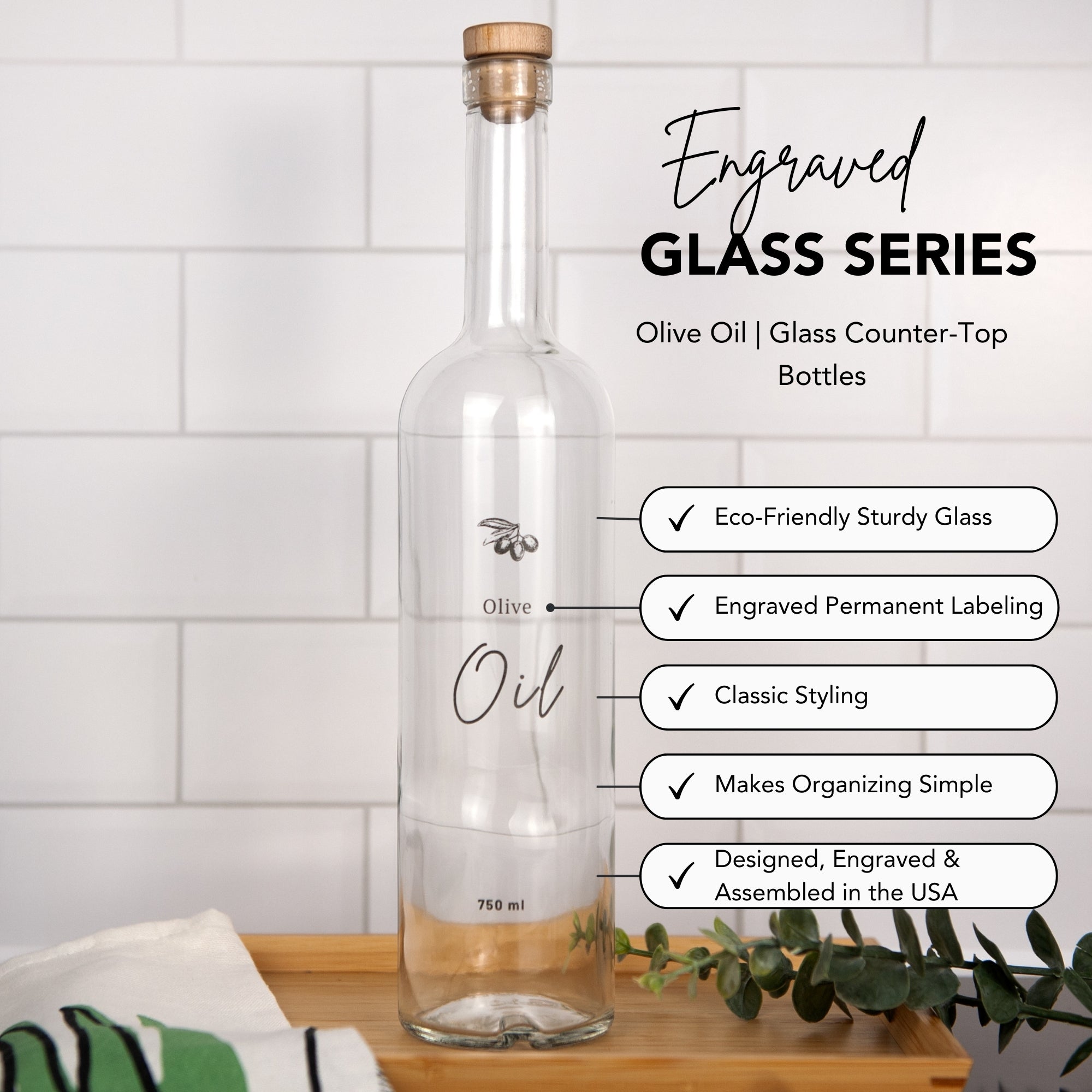 Olive Oil Pour Bottle | Clear Glass Engraved Design