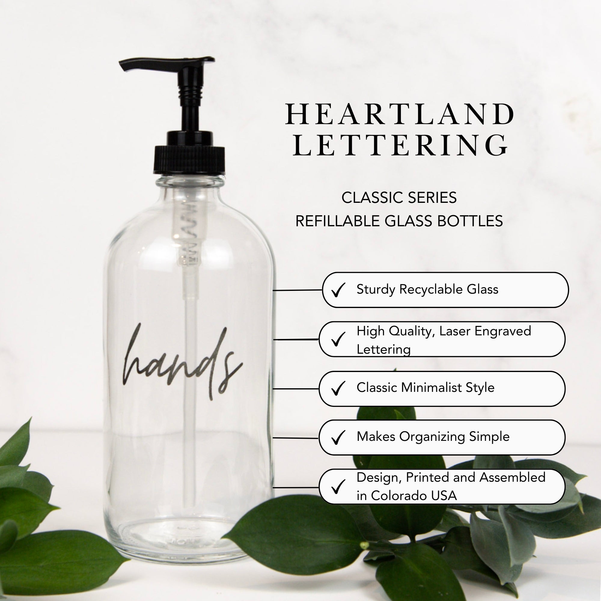 Engraved Classic Glass Soap Dispenser Bottles - Hand Soap, Dish Soap, Lotion Glass