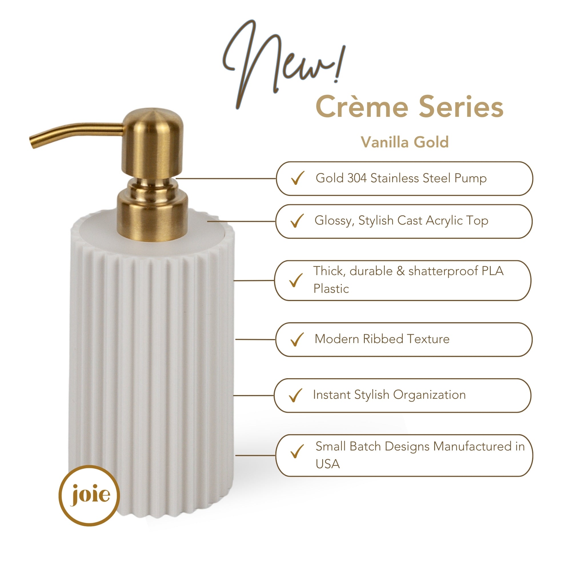 Modern Ribbed Soap Dispenser – 10oz Vanilla White | Gold Pump