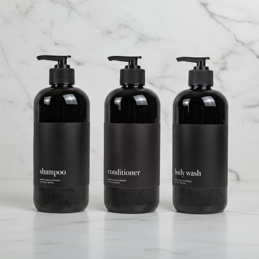 Manhattan Collection Black Minimalist Shower and Soap Dispenser Bottles