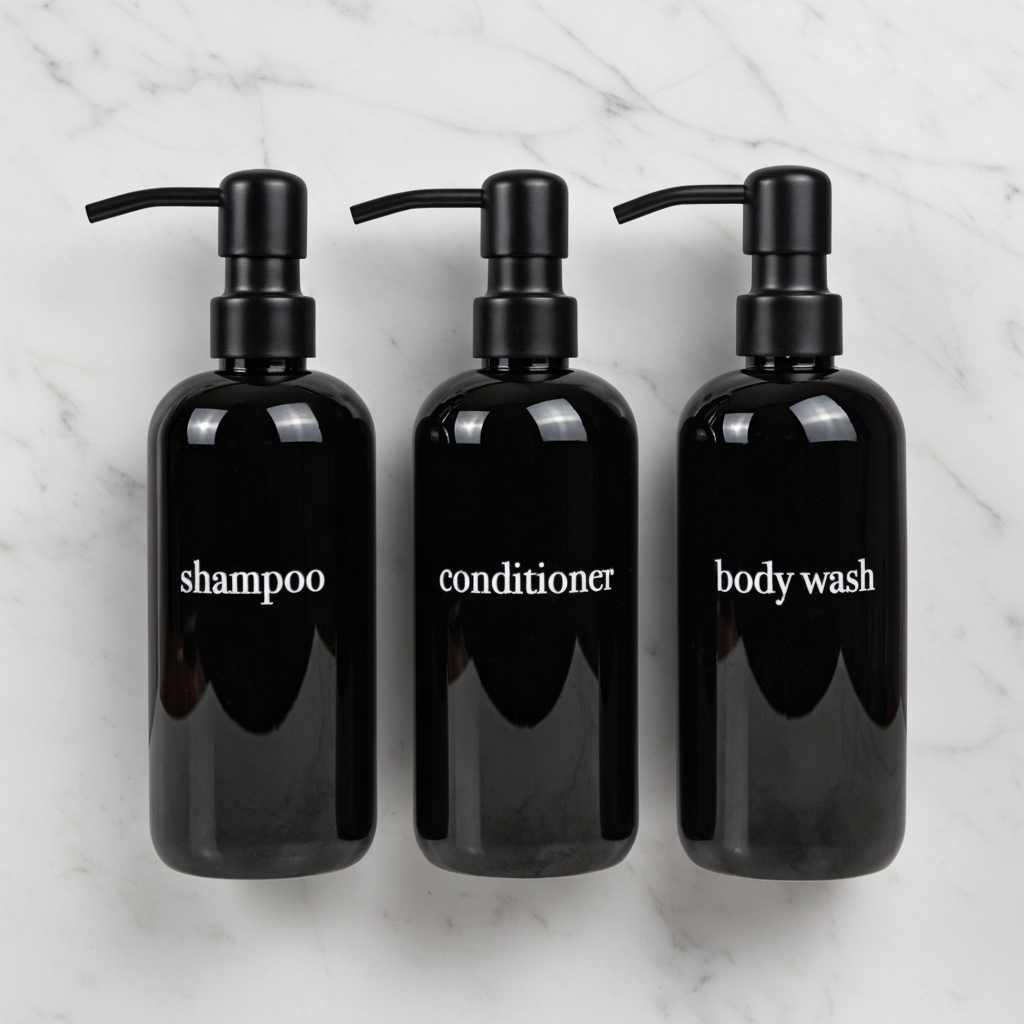 Black Shampoo Dispenser Sets | Shower-Safe, Sturdy Plastic | Stainless Steel, Bamboo or Plastic Pumps