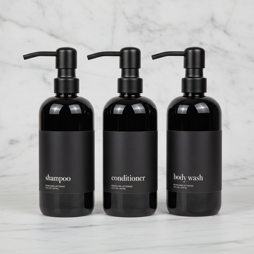 Three black bottles labeled 'shampoo', 'conditioner', and 'body wash' on a white background