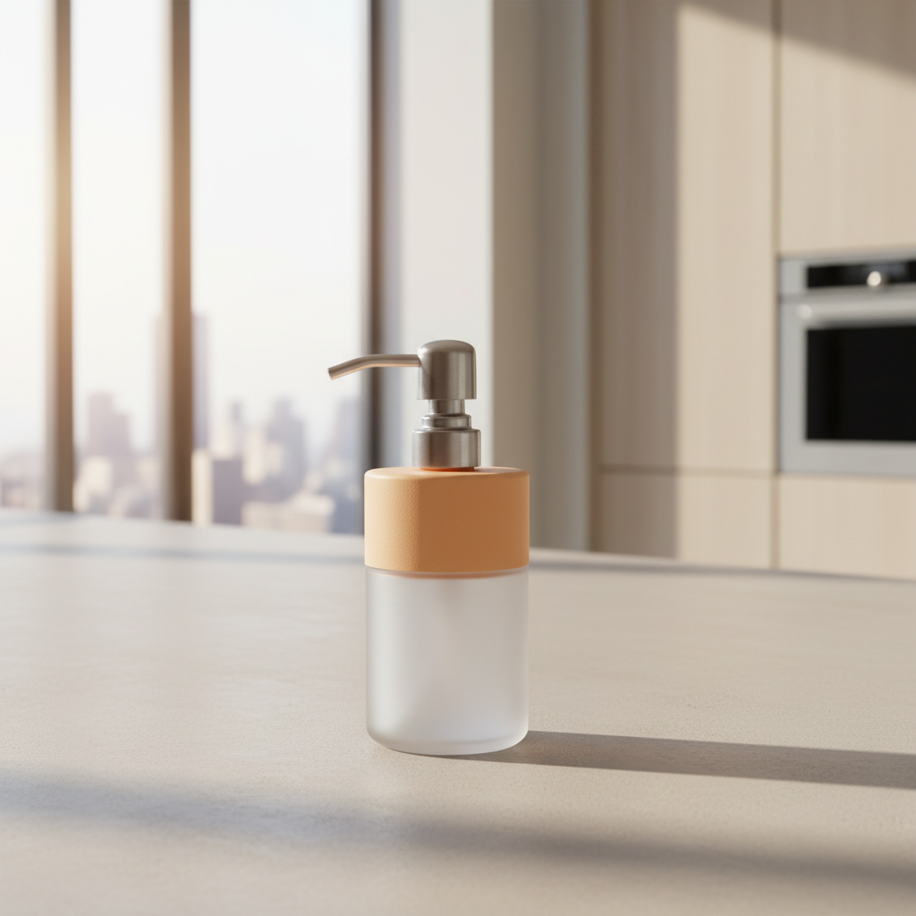 frosted glass soap dispenser with peach top and nickel steel pump