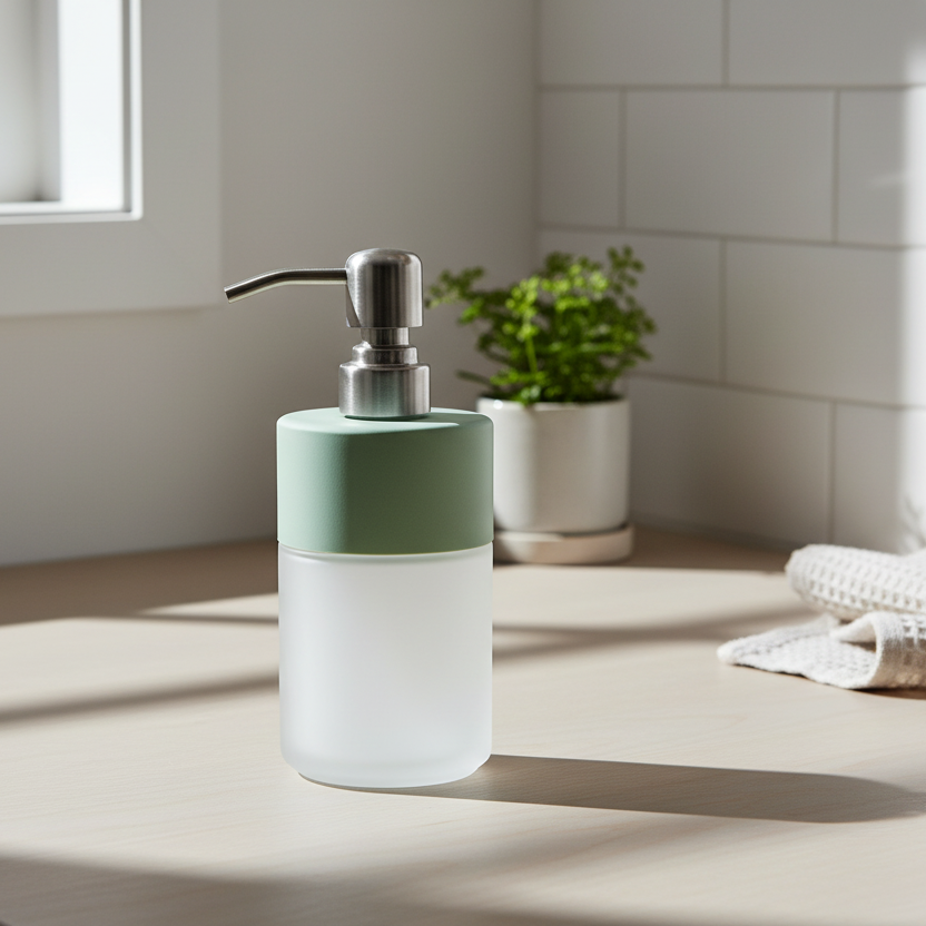 frosted glass bottom soap dispenser with green top on a bathroom counter
