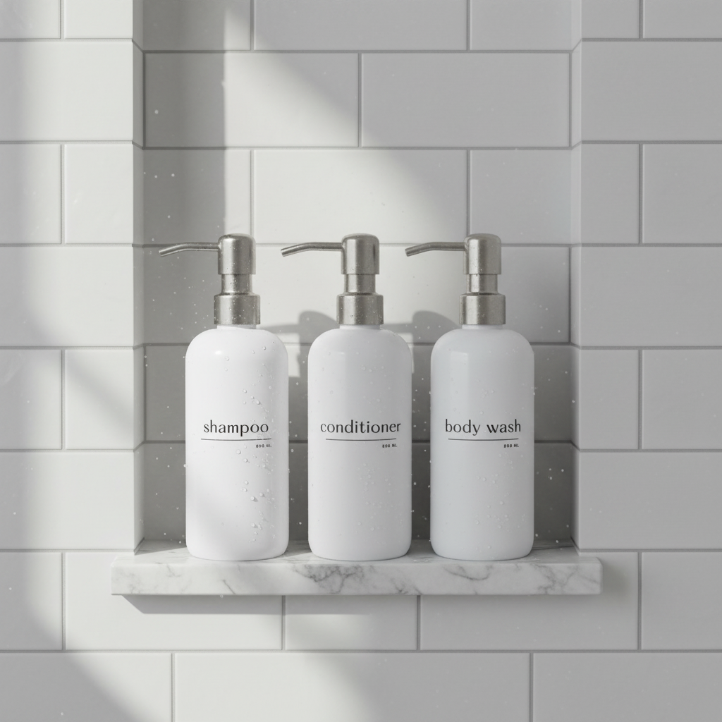 Shampoo & Conditioner Bottle Sets - Refillable | White Dispensers | Bamboo or Plastic Tops