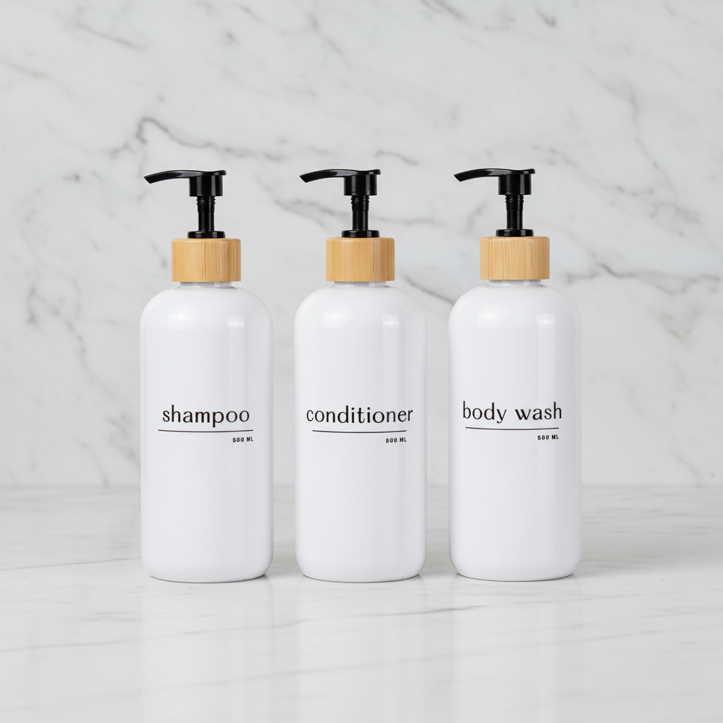 Shampoo & Conditioner Bottle Sets - Refillable | White Dispensers | Bamboo or Plastic Tops