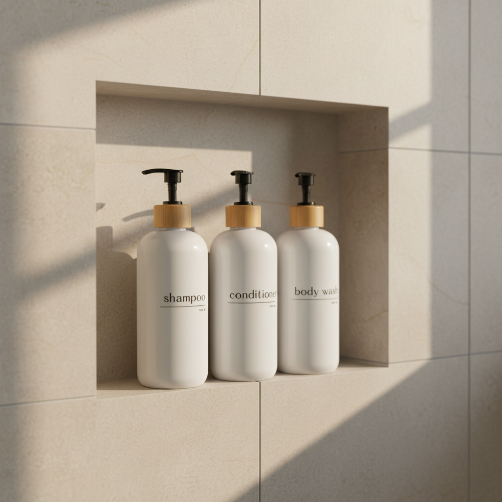 Shampoo & Conditioner Bottle Sets - Refillable | White Dispensers | Bamboo or Plastic Tops