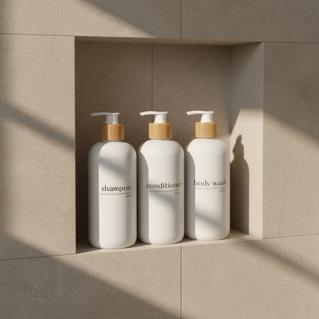 Three white bottles labeled 'shampoo', 'conditioner', and 'body wash' with bamboo caps on a white background.