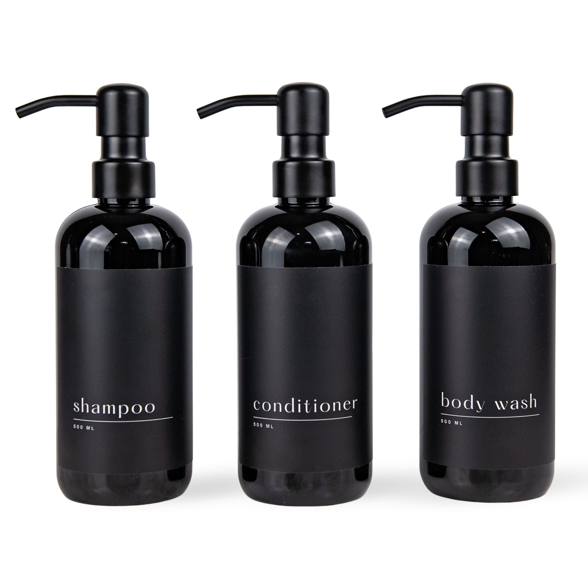 Three black pump dispensers labeled 'shampoo', 'conditioner', and 'body wash' on a white background