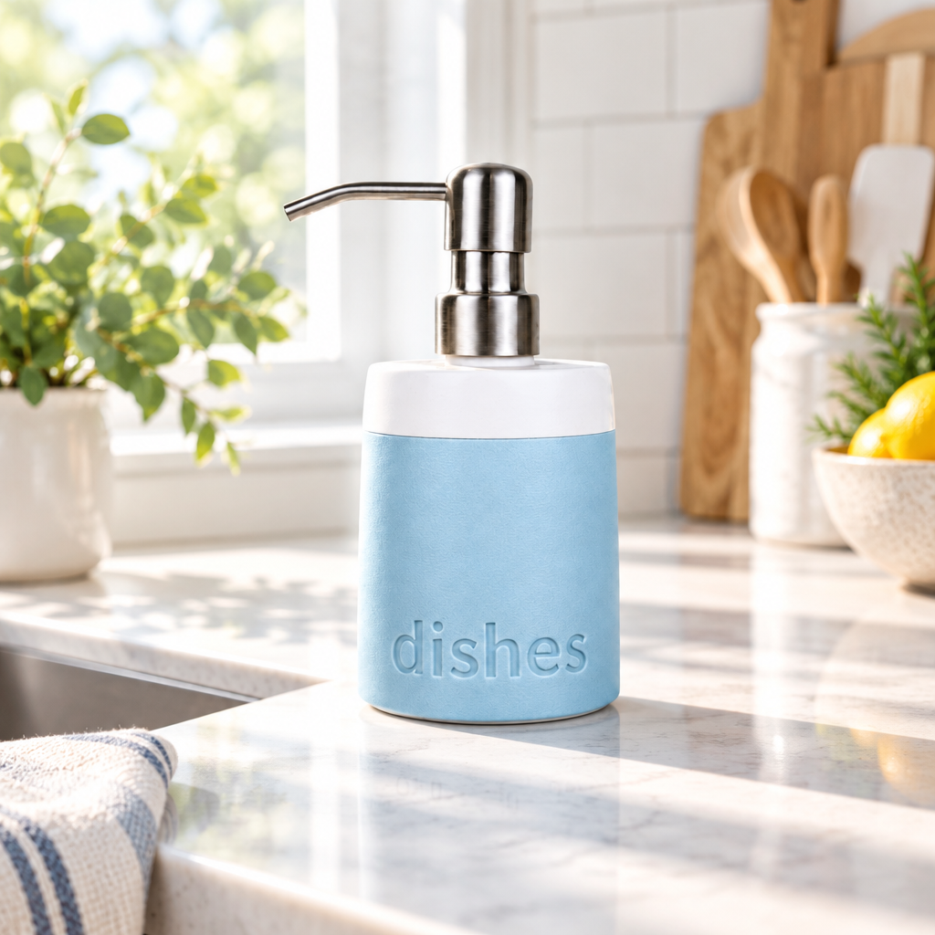 A light blue cylindrical dish soap dispenser with a white collar and a polished silver metal pump, featuring the word 'dishes' embossed on the front, set against a plain white background.