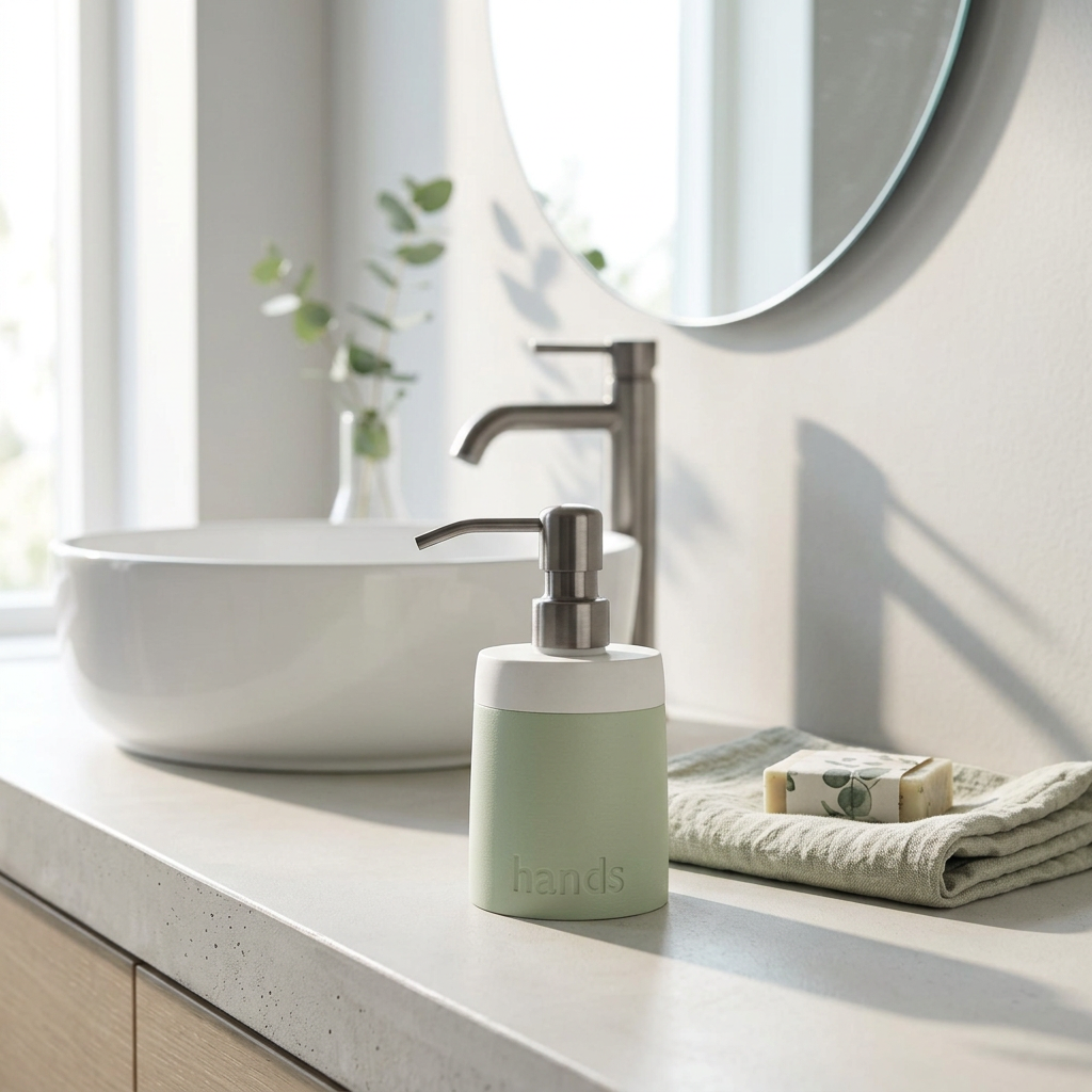 A minimalist hands dispenser with a matte sage green body, a white collar, and a brushed silver metal pump, shown on a clean white background.