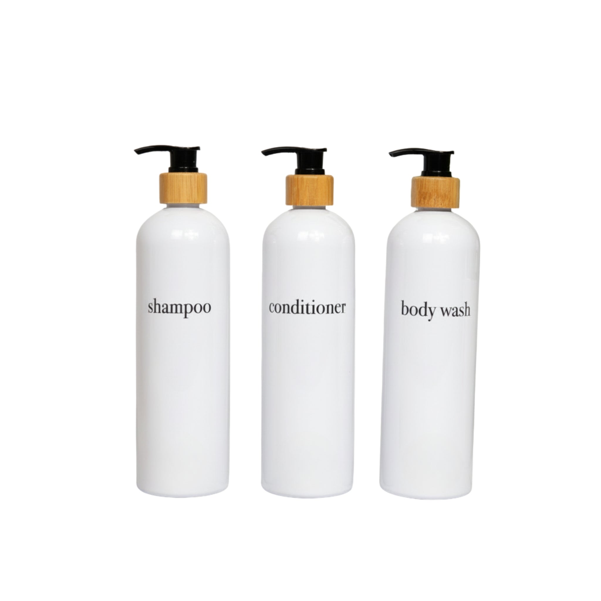 Hamptons Collection White Minimalist Slim Printed Shower and Soap Dispenser Bottles