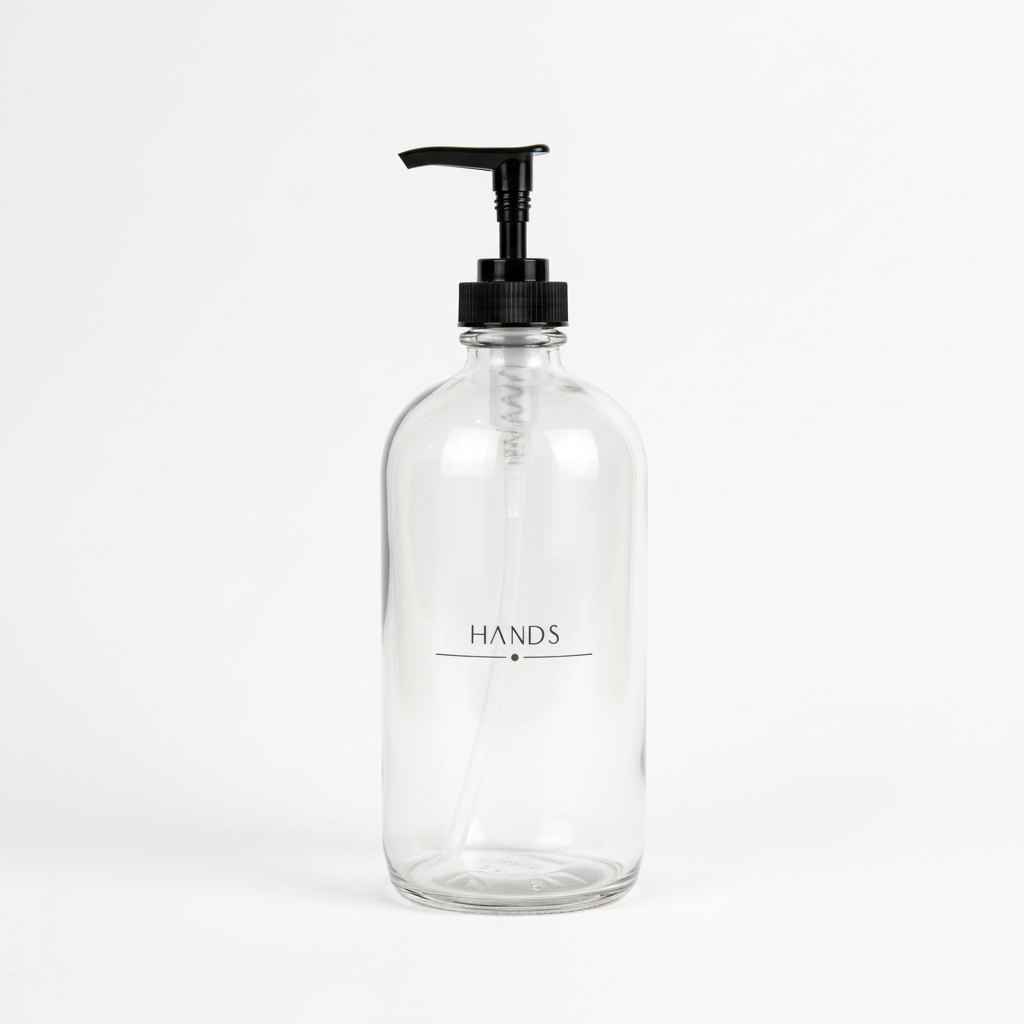 A clear glass soap dispenser bottle with a black pump, labeled 'HANDS' on the front.