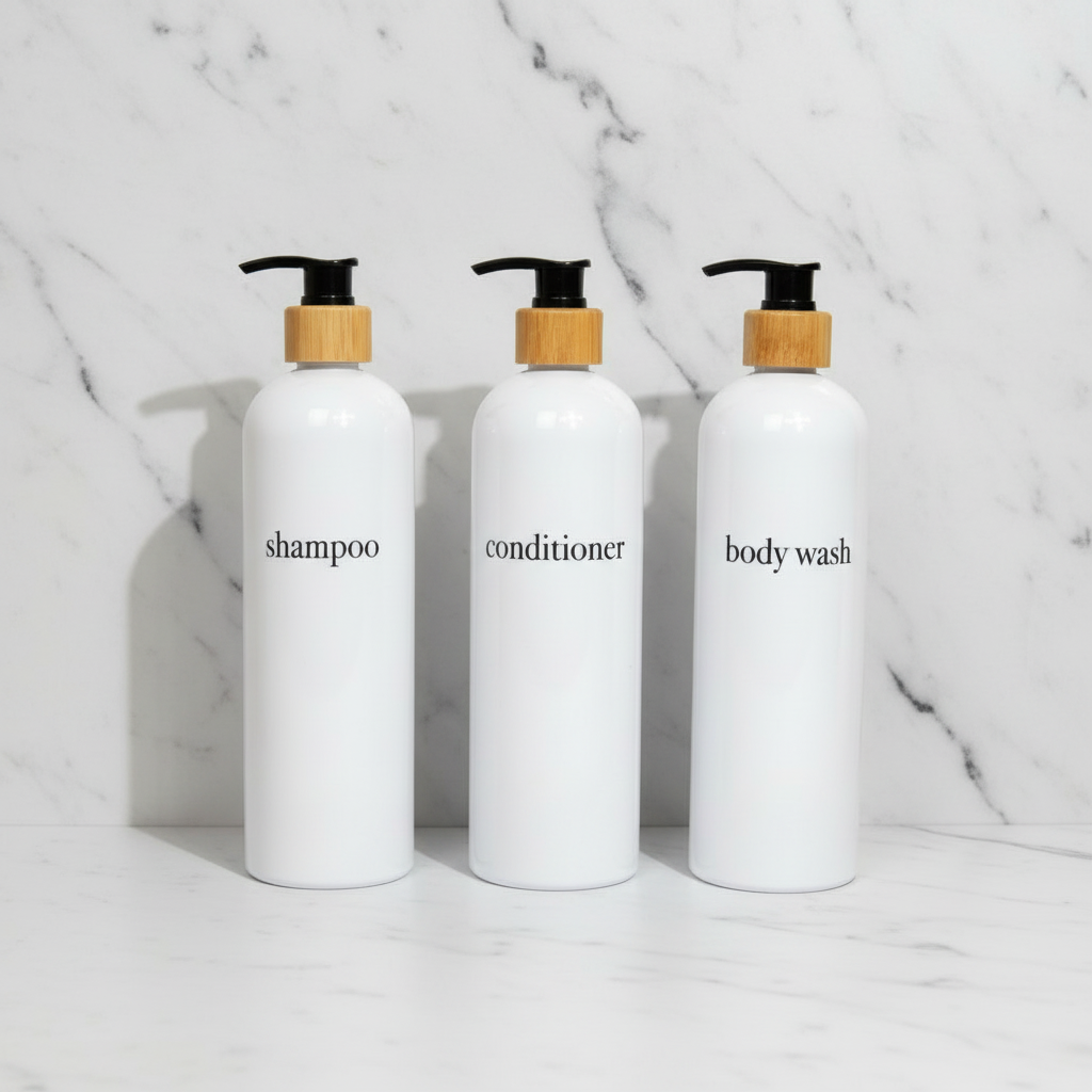 Three white bottles labeled 'shampoo', 'conditioner', and 'body wash' with wooden pumps on a white background.
