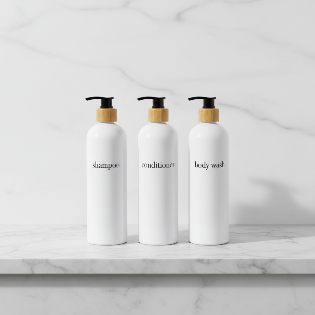 Three white bottles labeled 'shampoo', 'conditioner', and 'body wash' with wooden pumps on a white background.