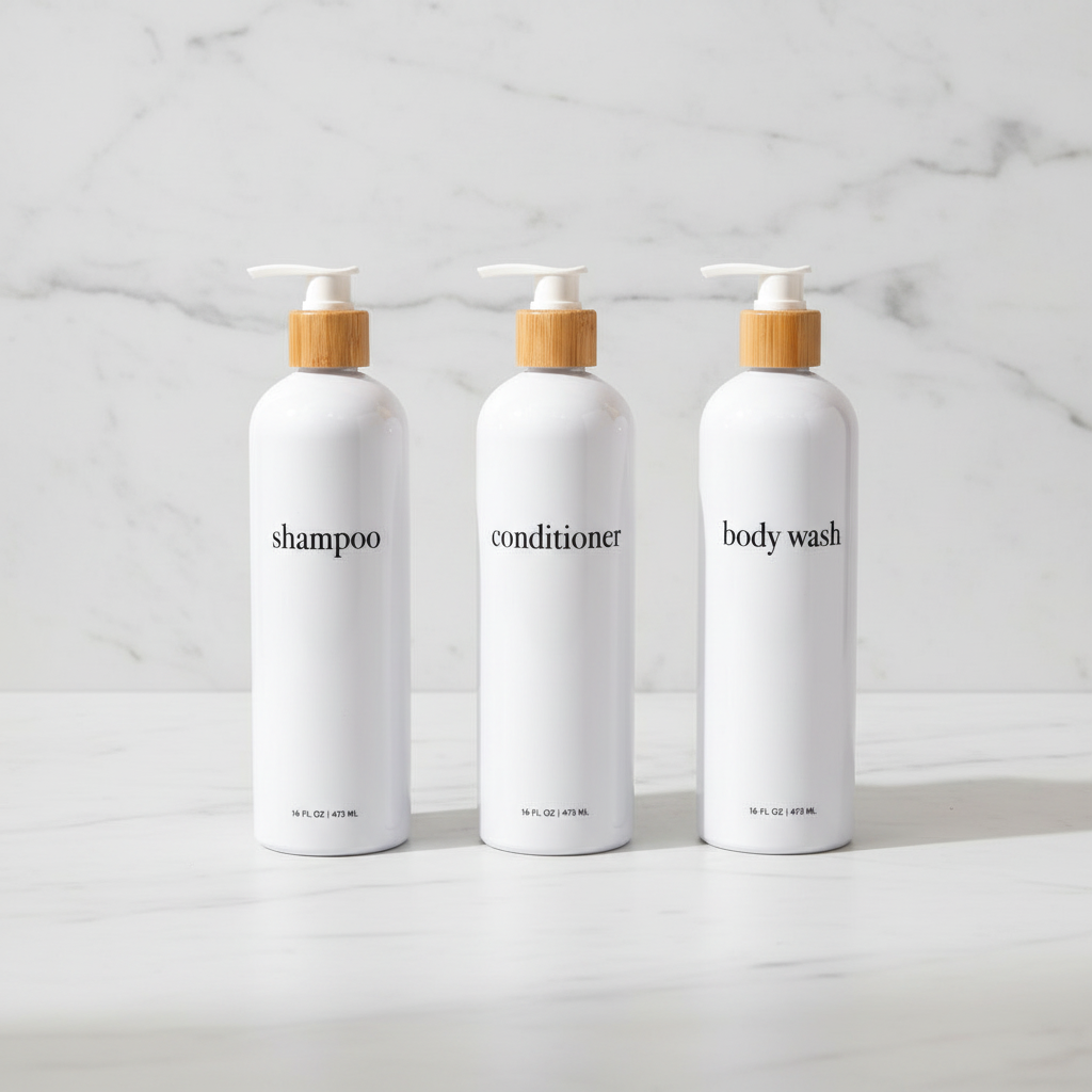 Hamptons Collection White Minimalist Slim Printed Shower and Soap Dispenser Bottles