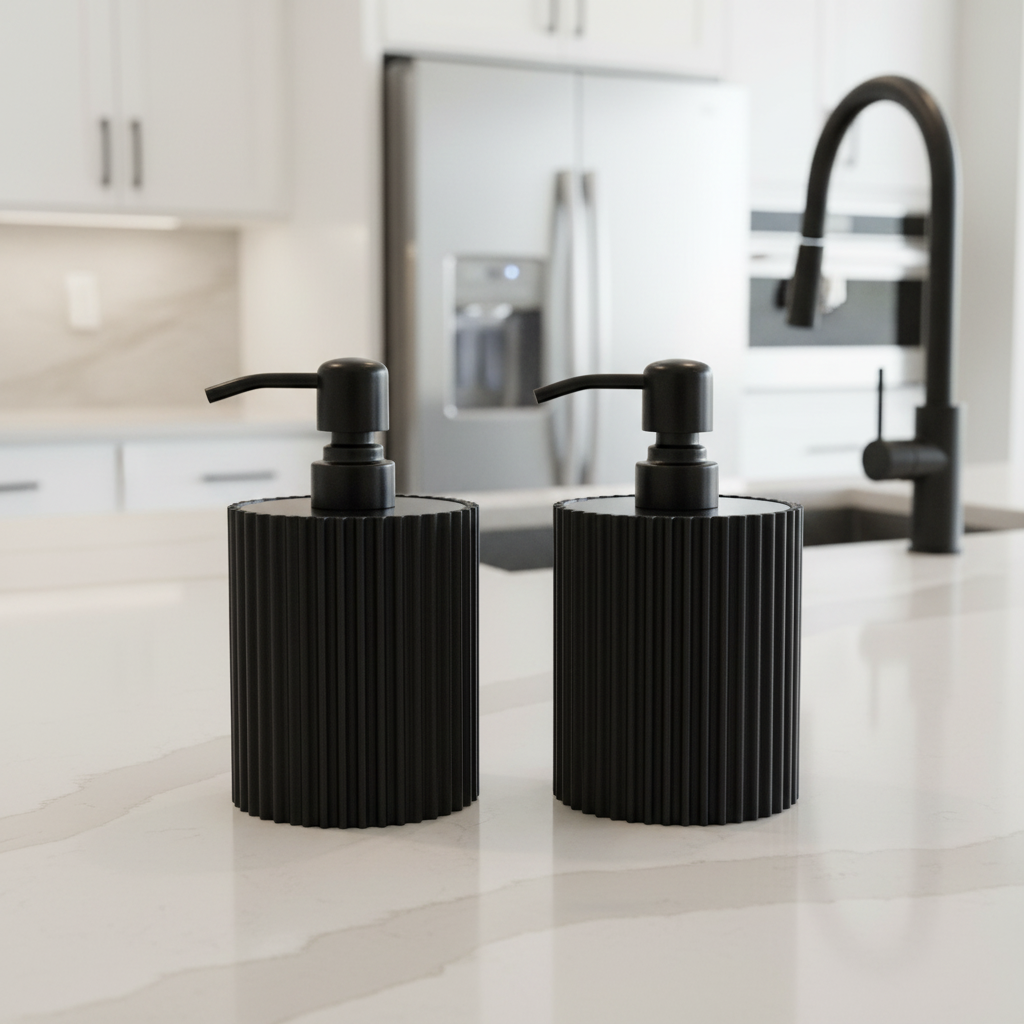 Two black ribbed soap dispensers on a kitchen counter.