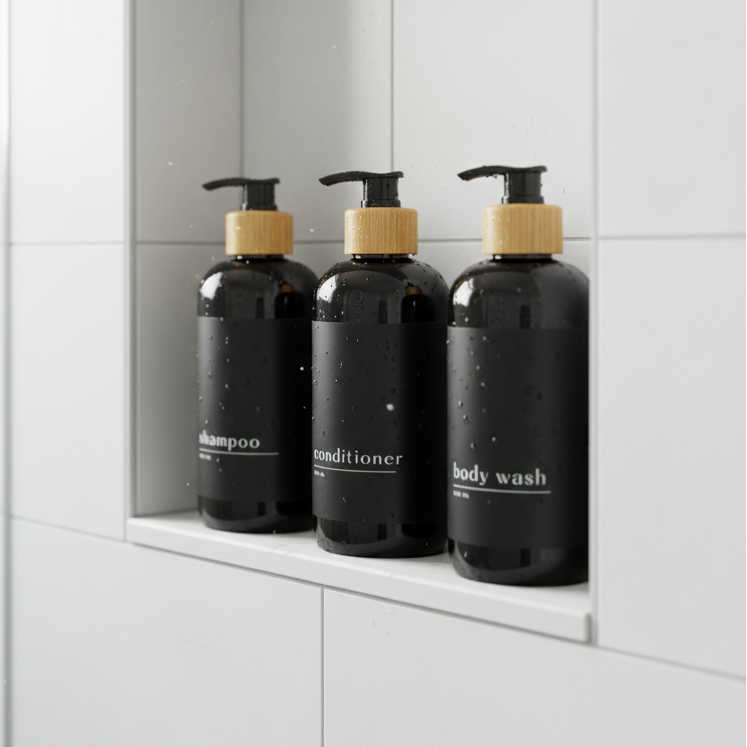 Three black pump bottles with light wood caps, labeled shampoo, conditioner, and body wash, arranged side by side on a white background.