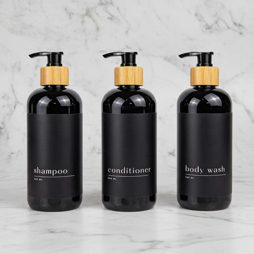 Three black pump bottles with light wood caps, labeled shampoo, conditioner, and body wash, arranged side by side on a white background.