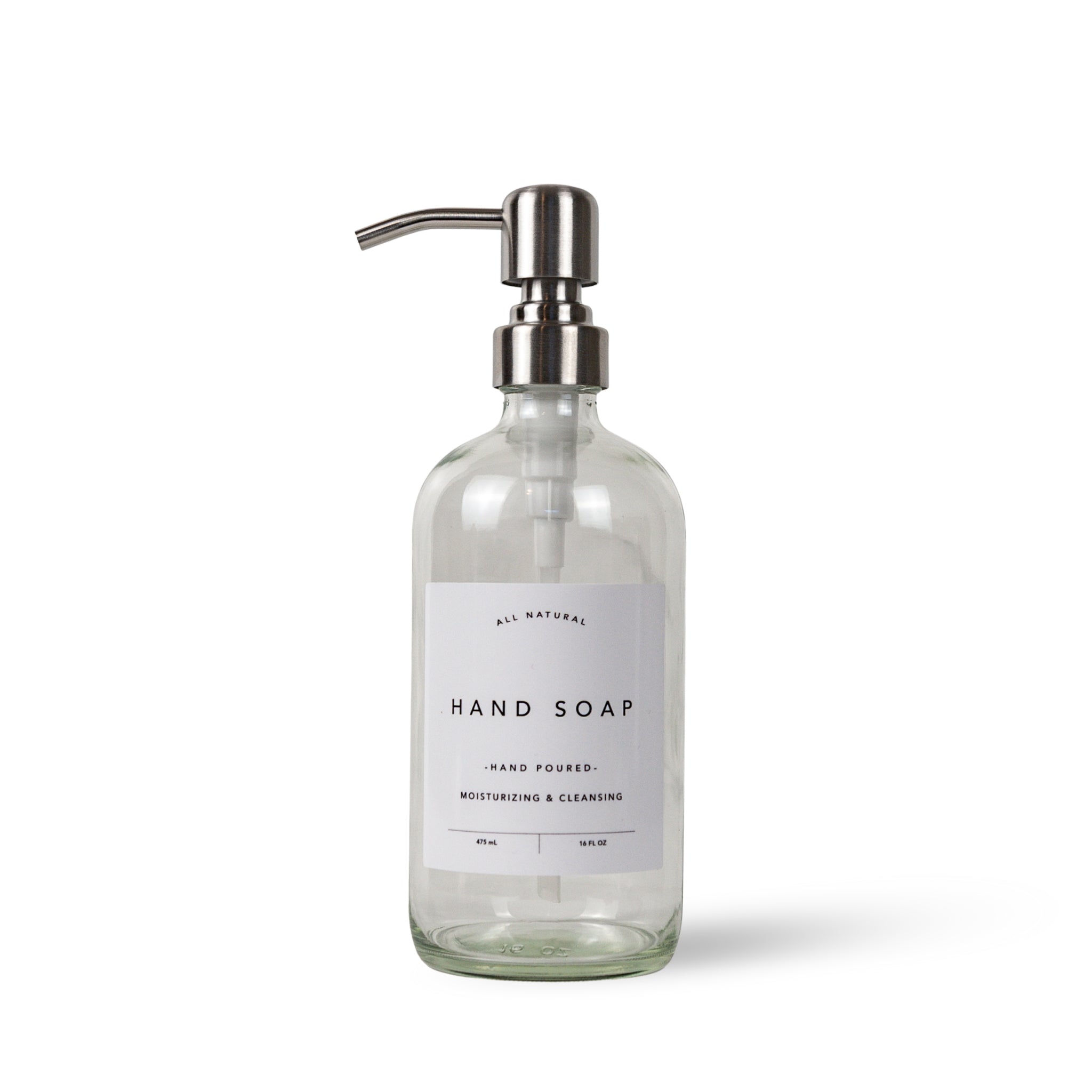 Clear glass hand soap bottle with pump on a white background