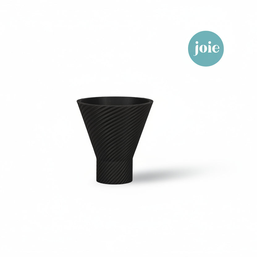 A blue textured plastic funnel with a spiral pattern, shown on a white background with a circular Joie brand logo in the top right corner.