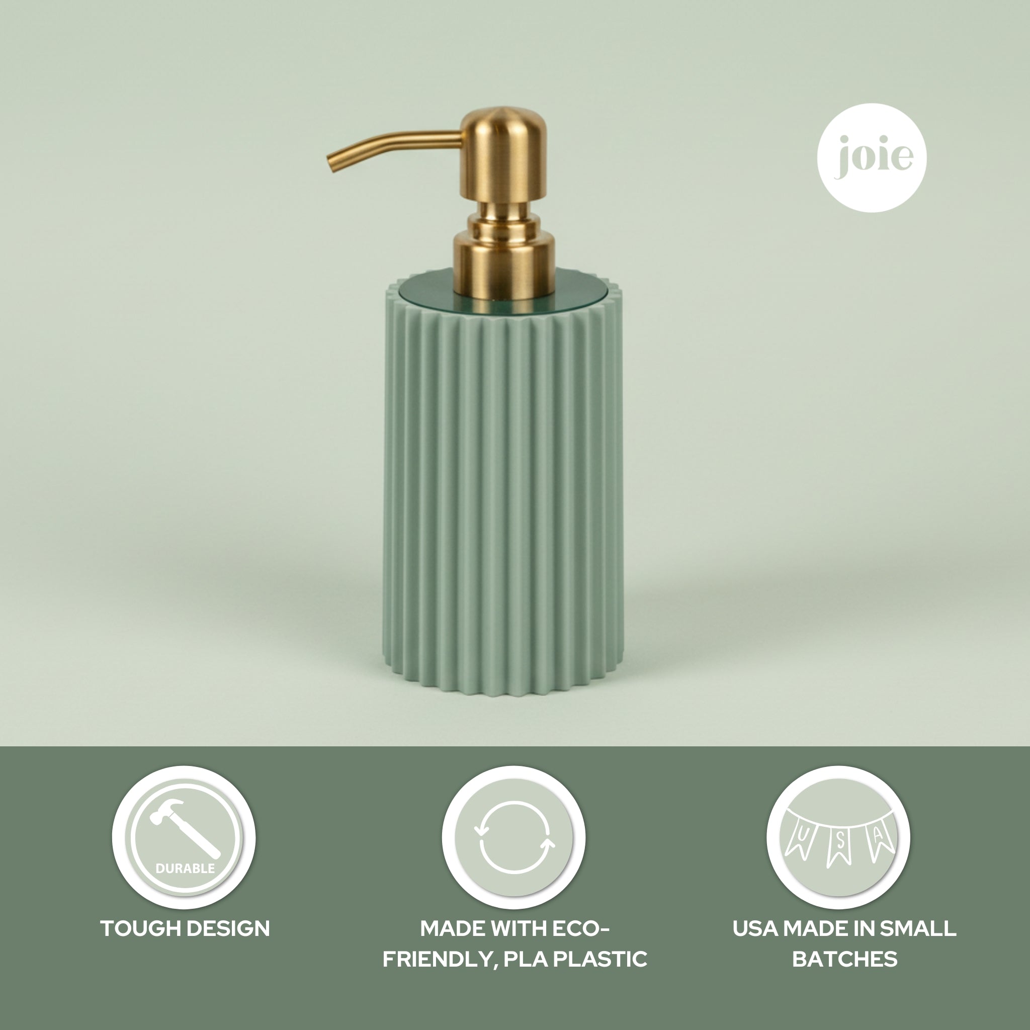 Light Sage Ribbed Soap Dispenser – 10 oz With Gold Stainless Steel Pump