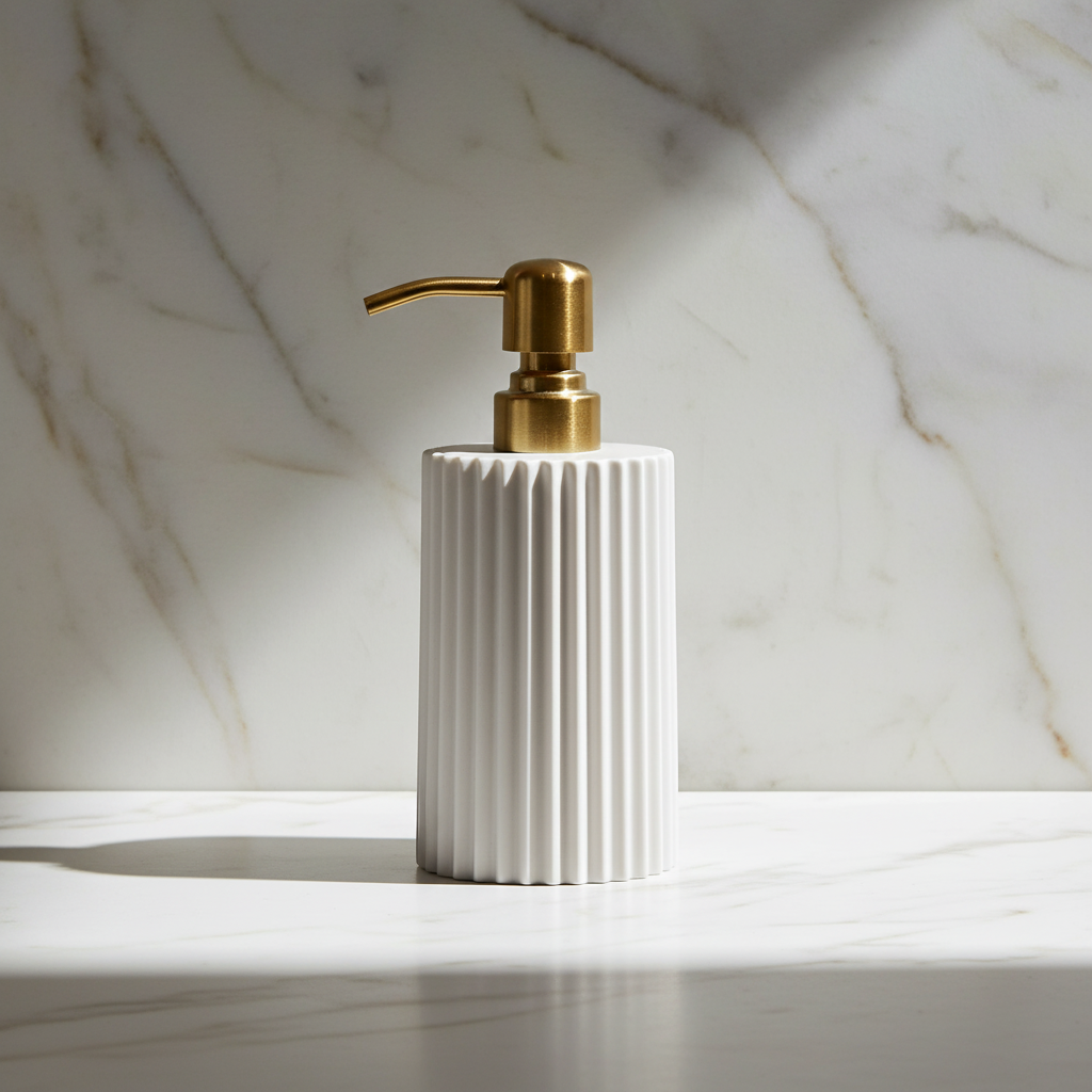 White soap dispenser with gold pump on a marble surface