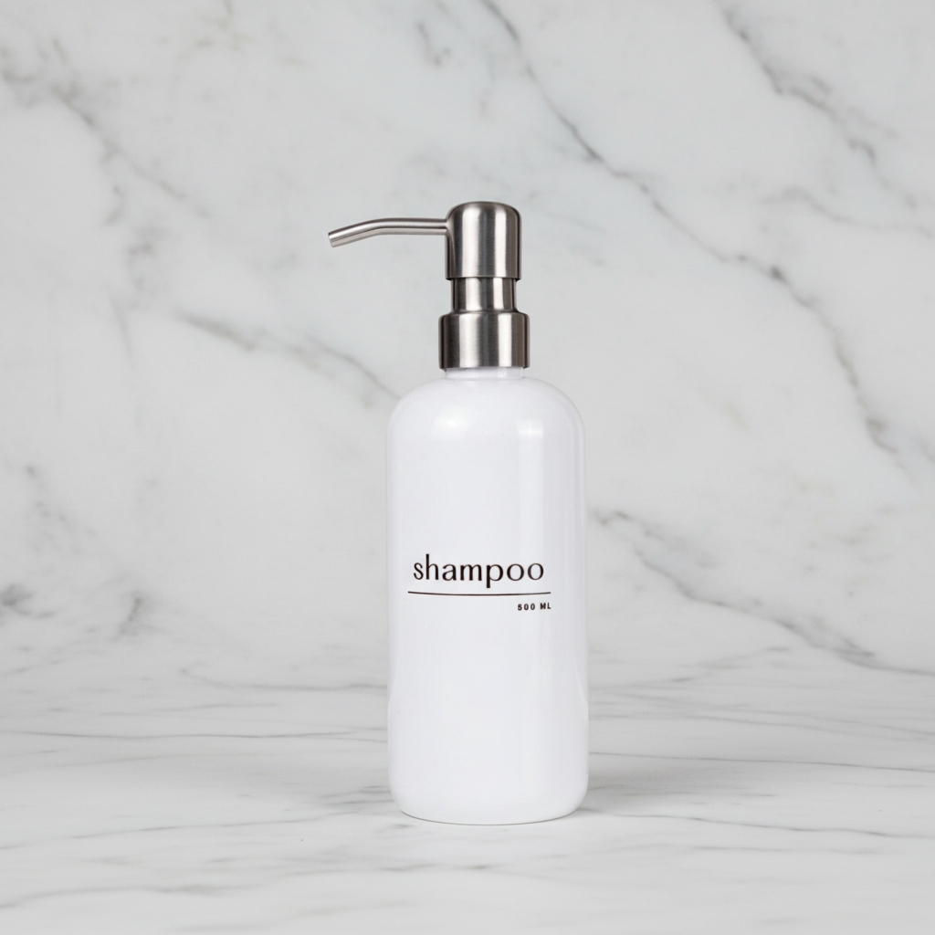 A white PLASTIC cylindrical shampoo bottle with a brushed silver metal pump dispenser, shown on a clean white background.