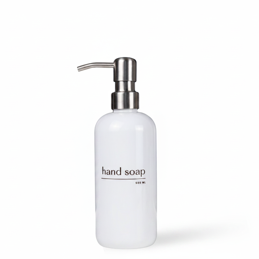 A frosted white hand soap dispenser bottle with a brushed silver metal pump, shown on a clean white background.