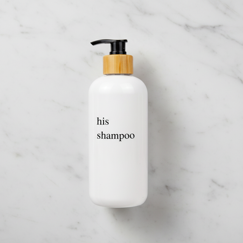 White shampoo bottle with wooden pump on a marble surface