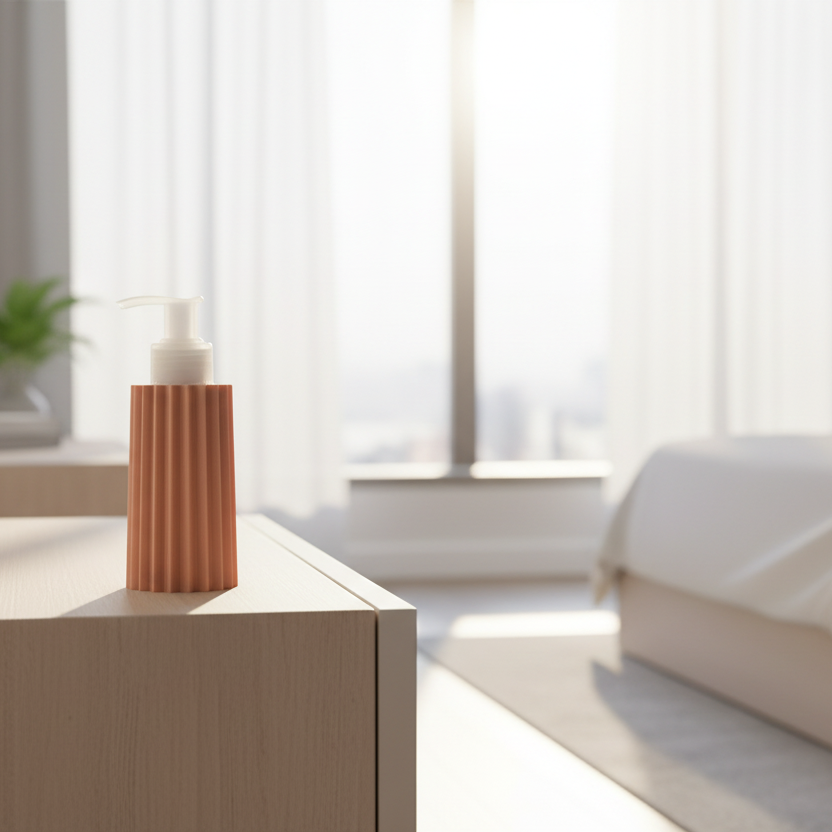 decorative pump bottle on a wooden dresser in a modern studio bedroom.