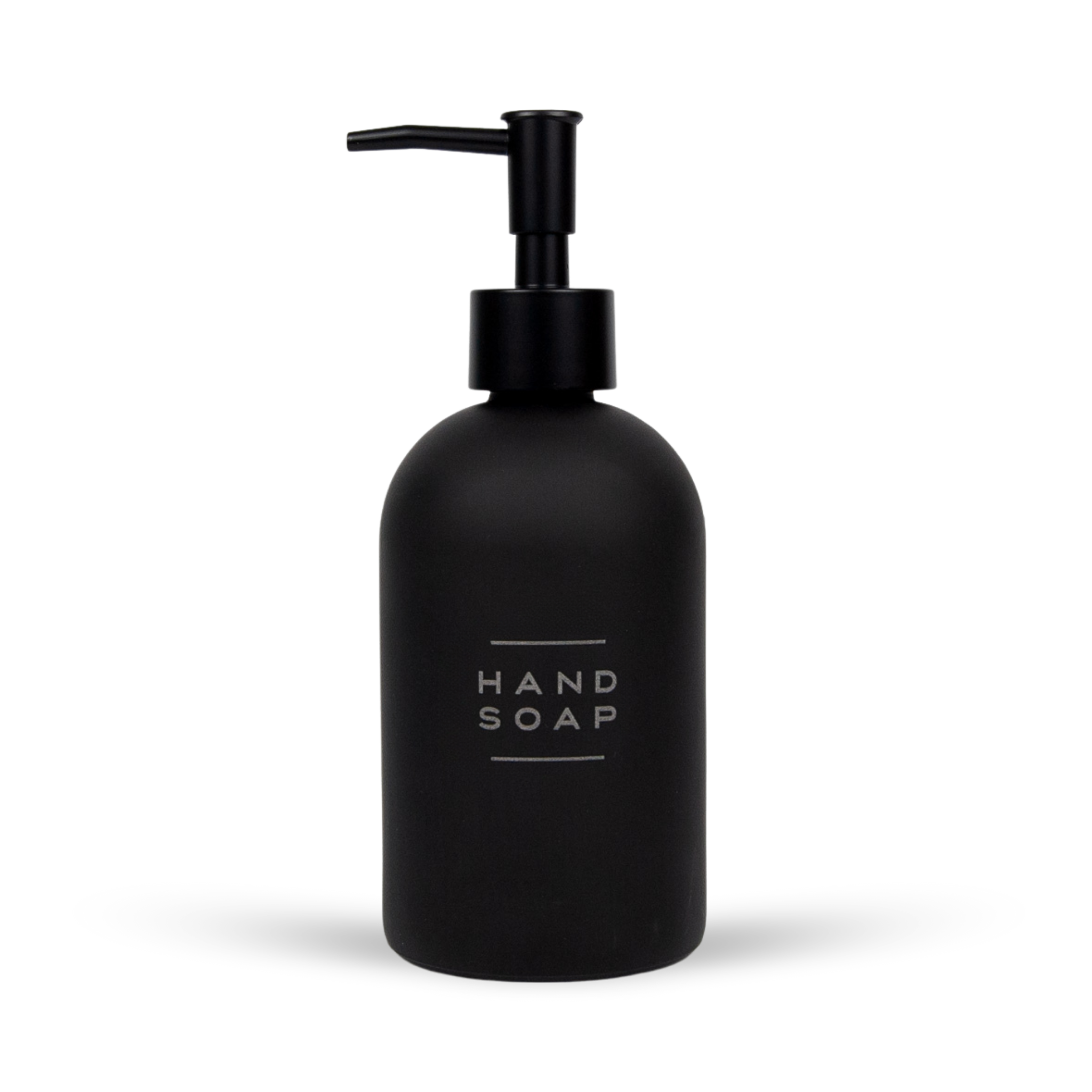 Matte black glass hand soap dispenser bottle with laser engraved lettering and sleek black pump