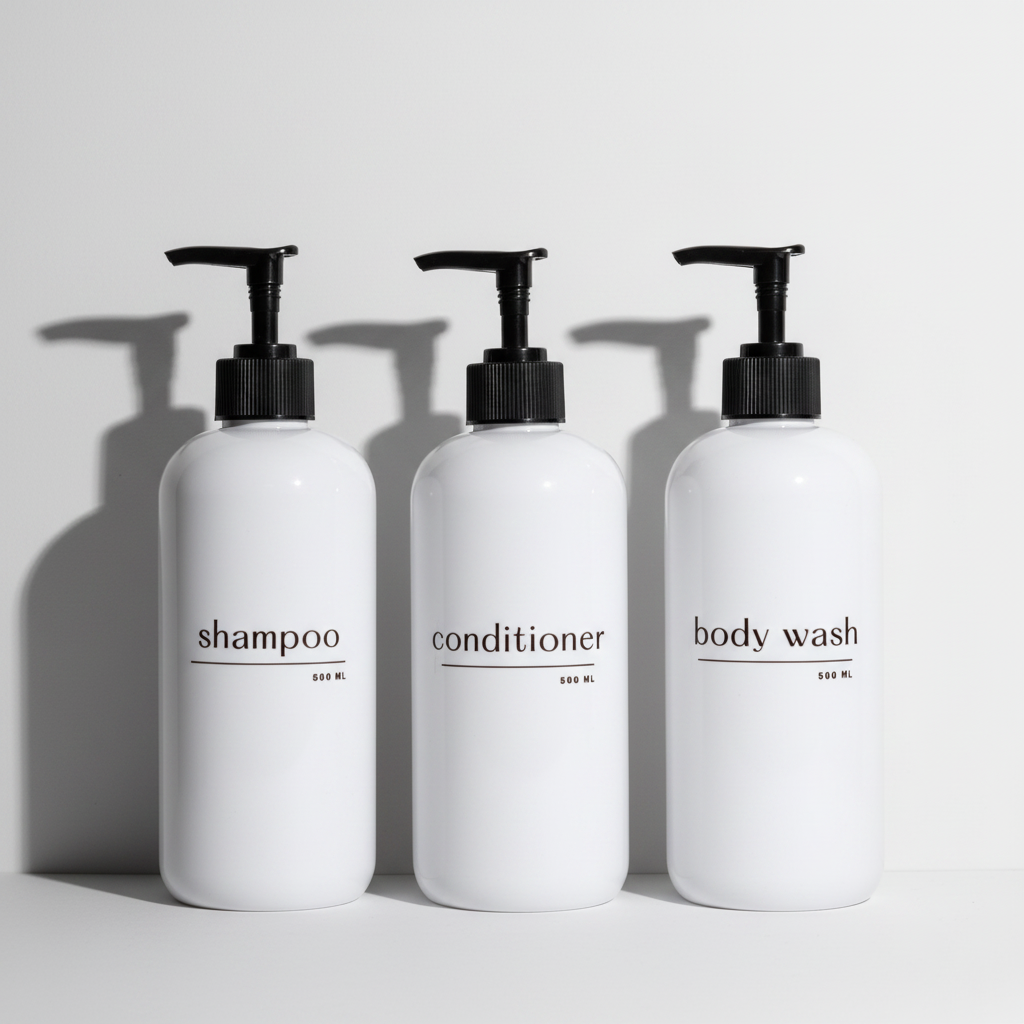 Shampoo & Conditioner Bottle Sets - Refillable | White Dispensers | Bamboo or Plastic Tops