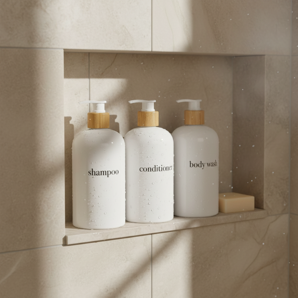 minimalist white shower and soap dispenser sets with bamboo or plastic pumps