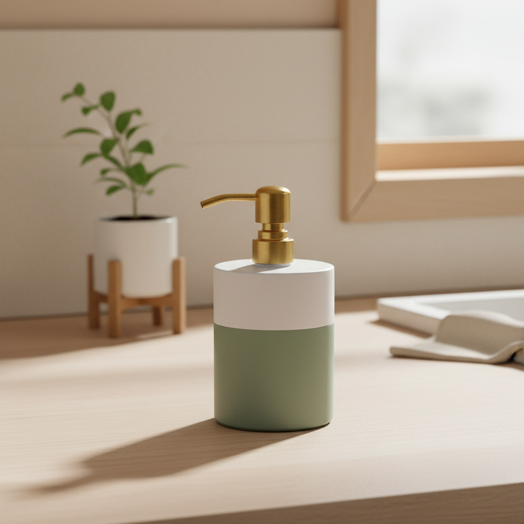 Green and white soap dispenser with gold pump on a wooden surface, blurred background