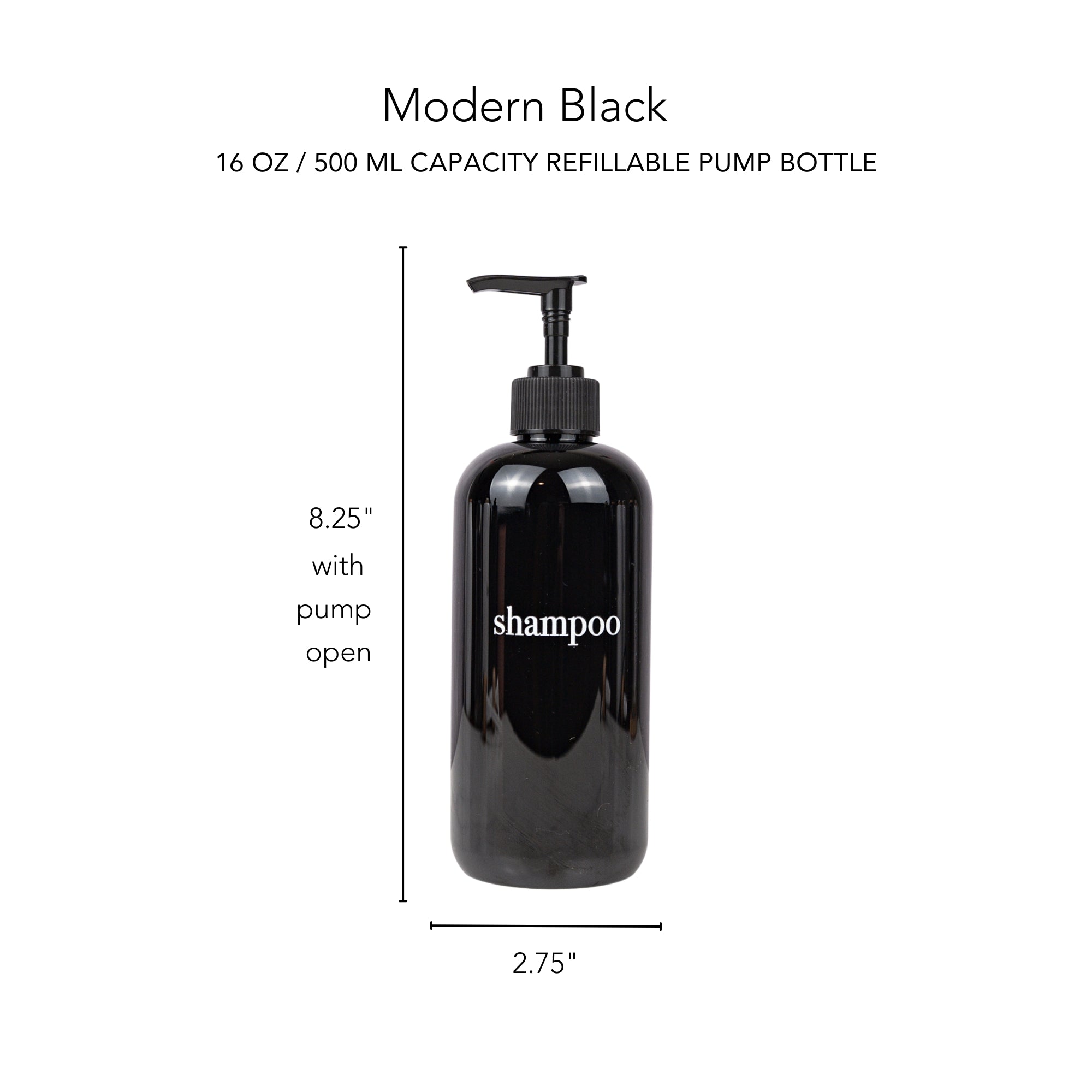 Black Shampoo Dispenser Sets | Shower-Safe, Sturdy Plastic | Stainless Steel, Bamboo or Plastic Pumps