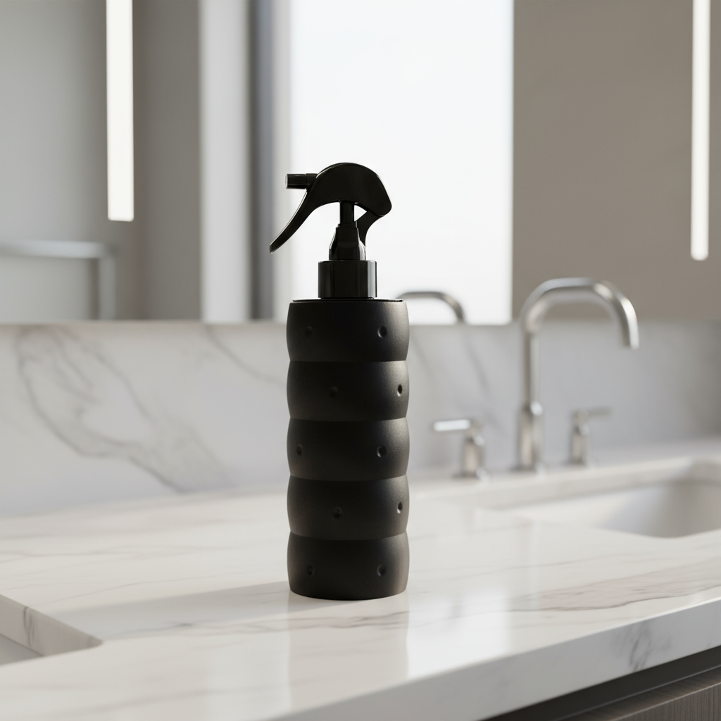 Black spray bottle on a white background