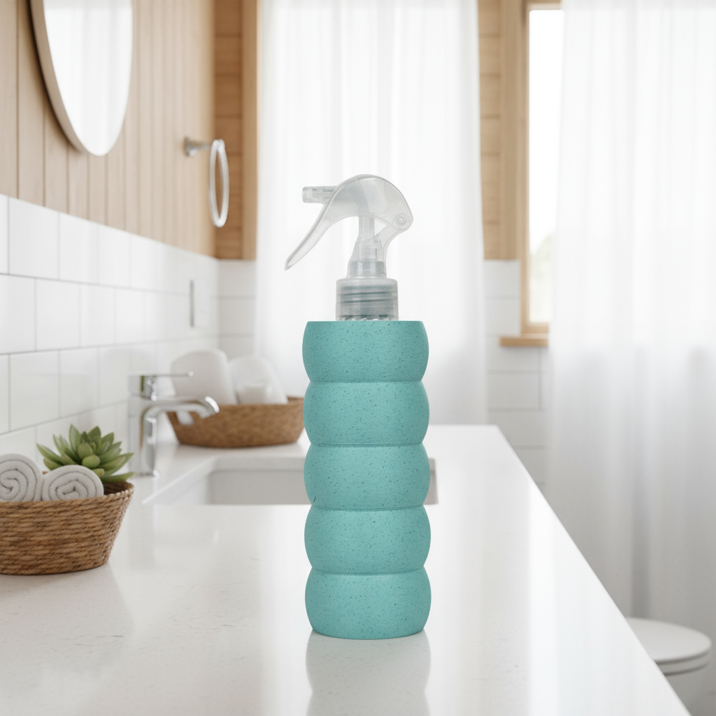Teal textured spray bottle on a bathroom counter with a mirror and window in the background