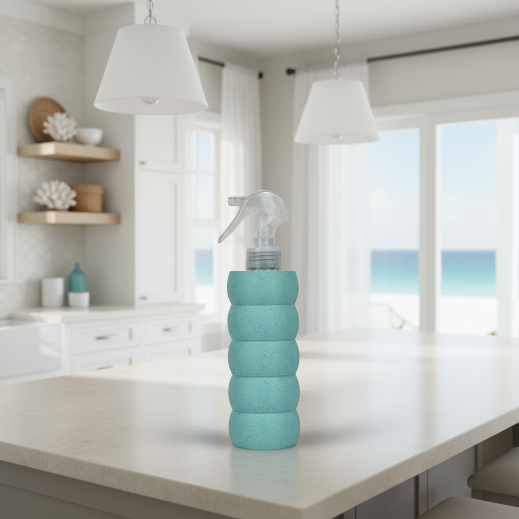 Turquoise spray bottle on a kitchen counter with a bright and modern background