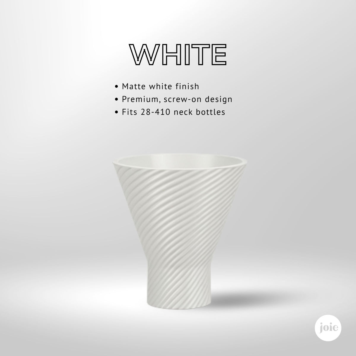A white spiral-patterned funnel for soap and cosmetics shown on a light gray gradient background with text describing its matte white finish and screw-on design.