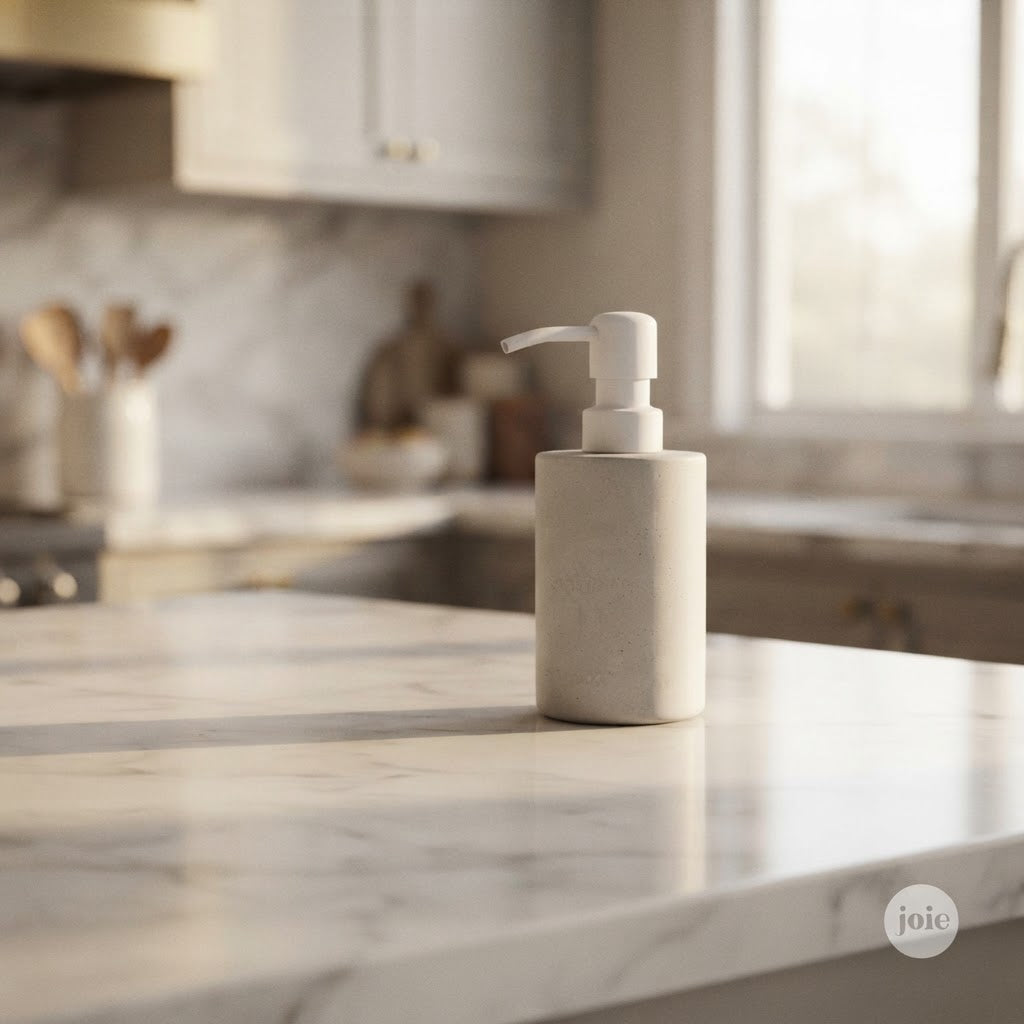 A matte off-white cylindrical pump bottle with a matching pump dispenser sits on a white marble kitchen countertop, with a softly blurred modern kitchen in the background.