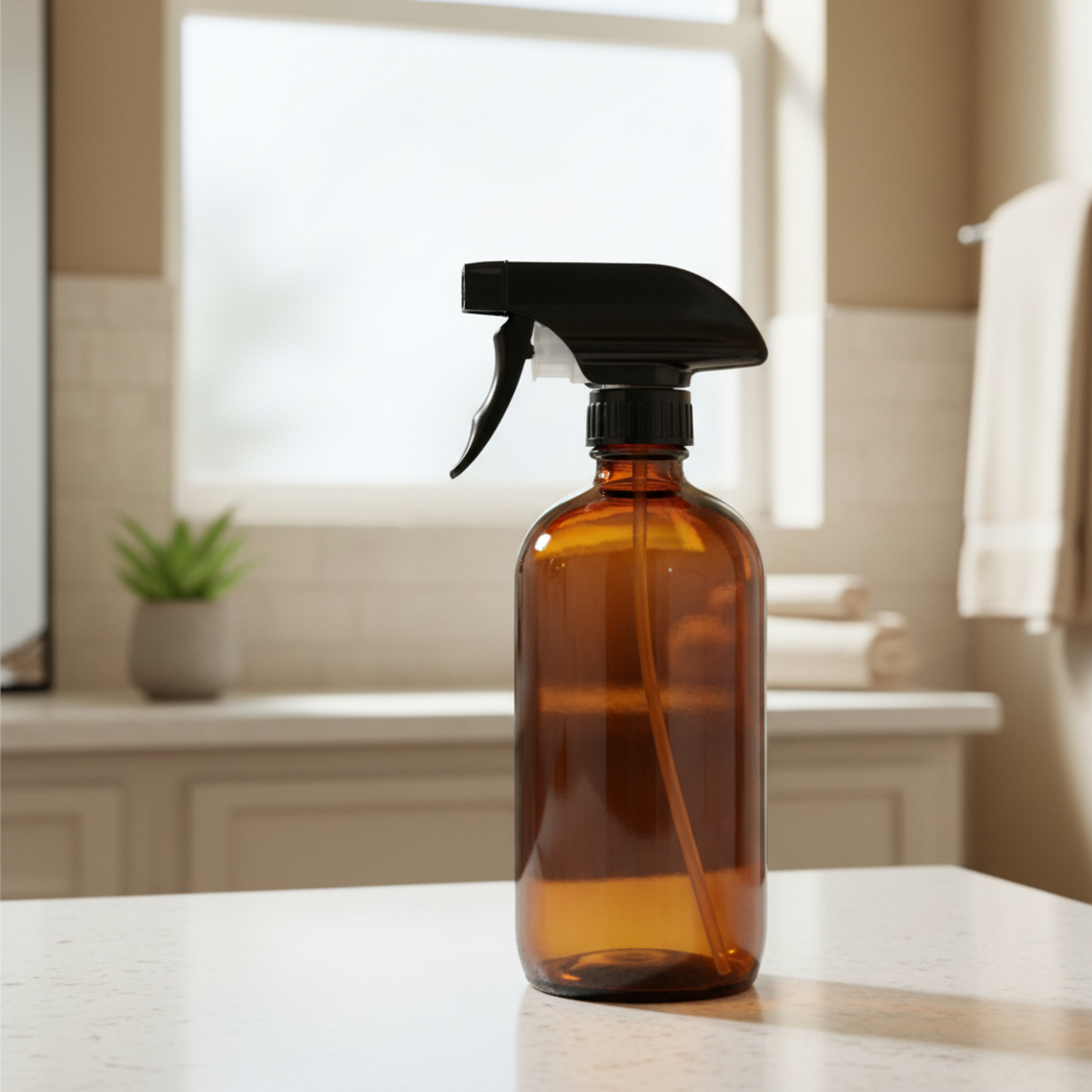 An amber glass spray bottle with a black trigger sprayer, standing on a white countertop in a softly blurred bathroom setting.